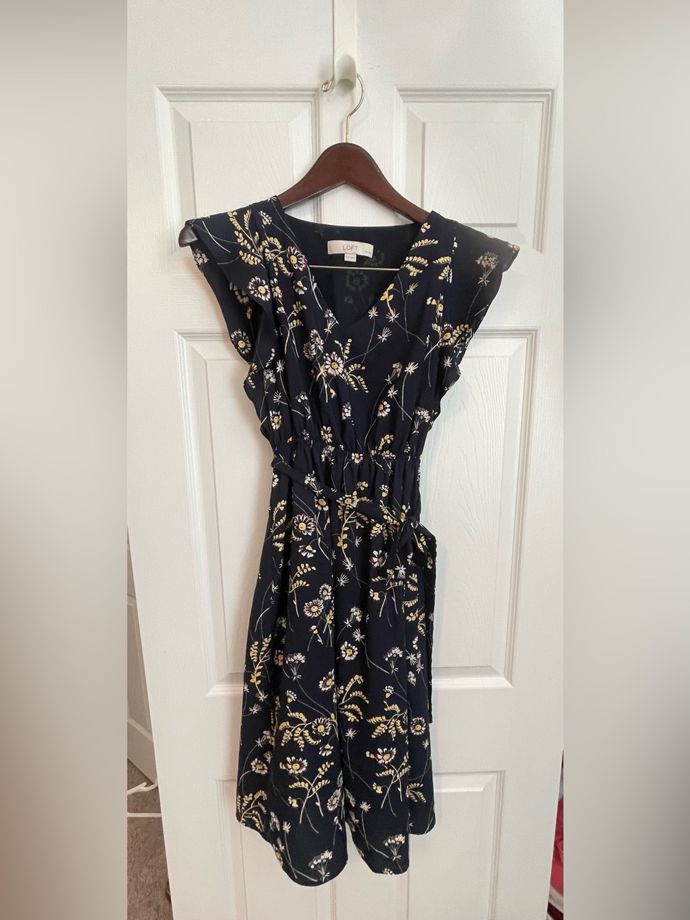 LOFT Navy Floral Tie-Waist Midi Dress